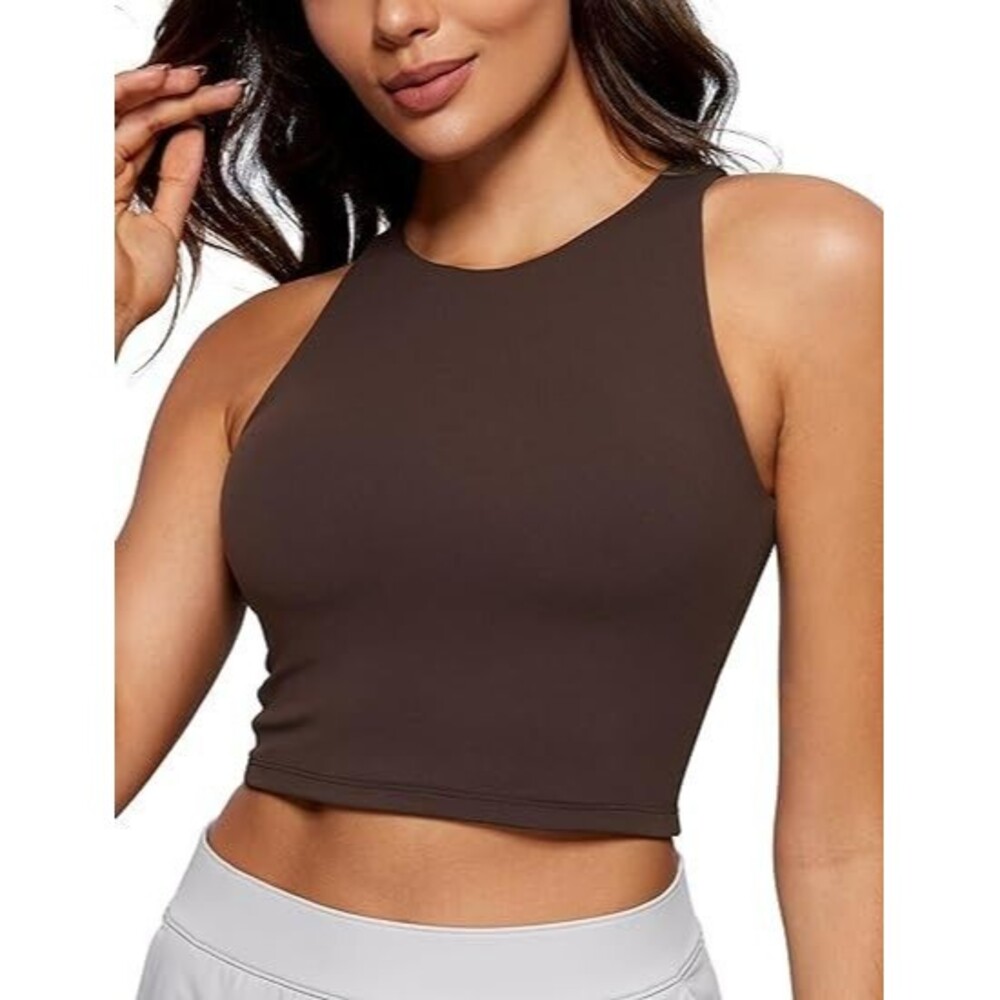 CRZ YOGA Women's Cropped Tops MEDIUM 8-10 Brown Double Lined High Neck Racerback